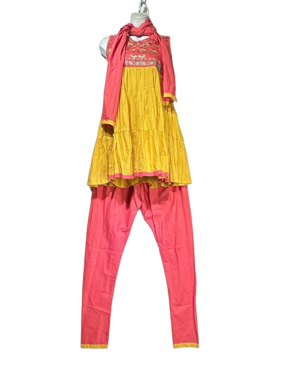 Nupur Women's Salwar Kmaeez Indian Ethnic Kurta Pant Set Yellow Pink Size 34